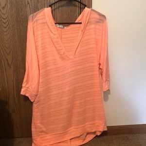 Sheer striped hooded v neck sweater